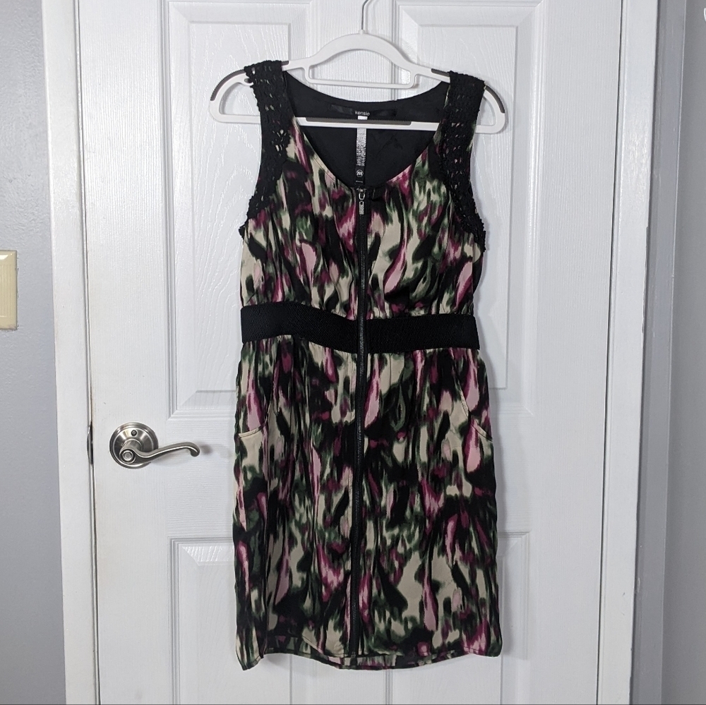 Kensie Multicolor Zip-Front Sleeveless Crochet Accent Pocket Shift Dress Size M
